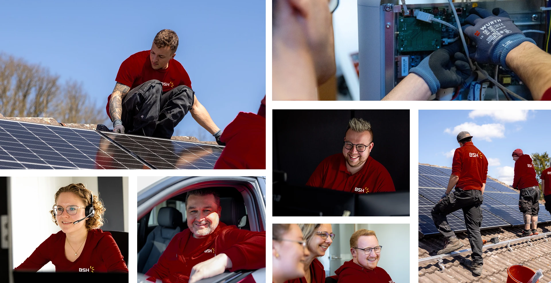 Collage von Mitarbeitenden des Solartechnik-Unternehmens BSH: Techniker bei der Montage von Solarpanels auf Dächern, Teammitglieder bei der Arbeit am Computer und im Kundenservice, alle in roter Arbeitskleidung.