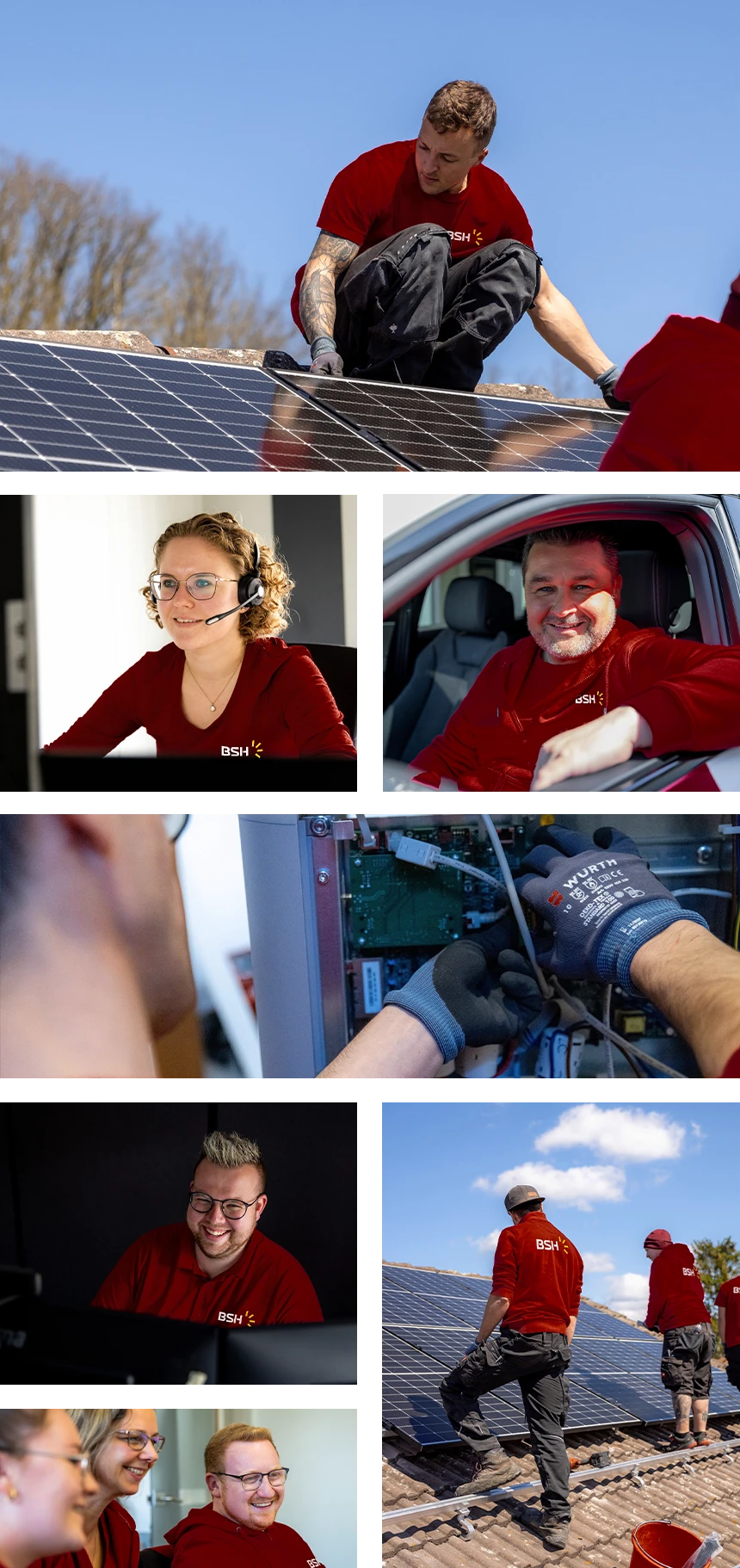 Collage von Mitarbeitenden des Solartechnik-Unternehmens BSH: Techniker bei der Montage von Solarpanels auf Dächern, Teammitglieder bei der Arbeit am Computer und im Kundenservice, alle in roter Arbeitskleidung.