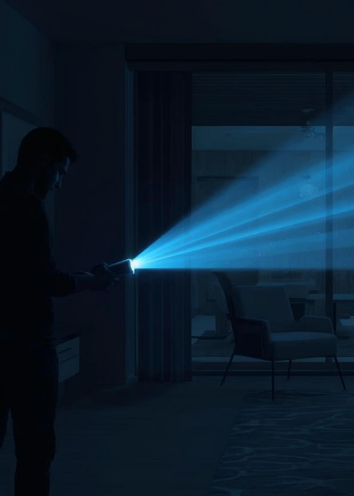 Person steht in einem dunklen Raum während eines Stromausfalls und leuchtet mit einer Taschenlampe, deren Strahl die Einrichtung erhellt.