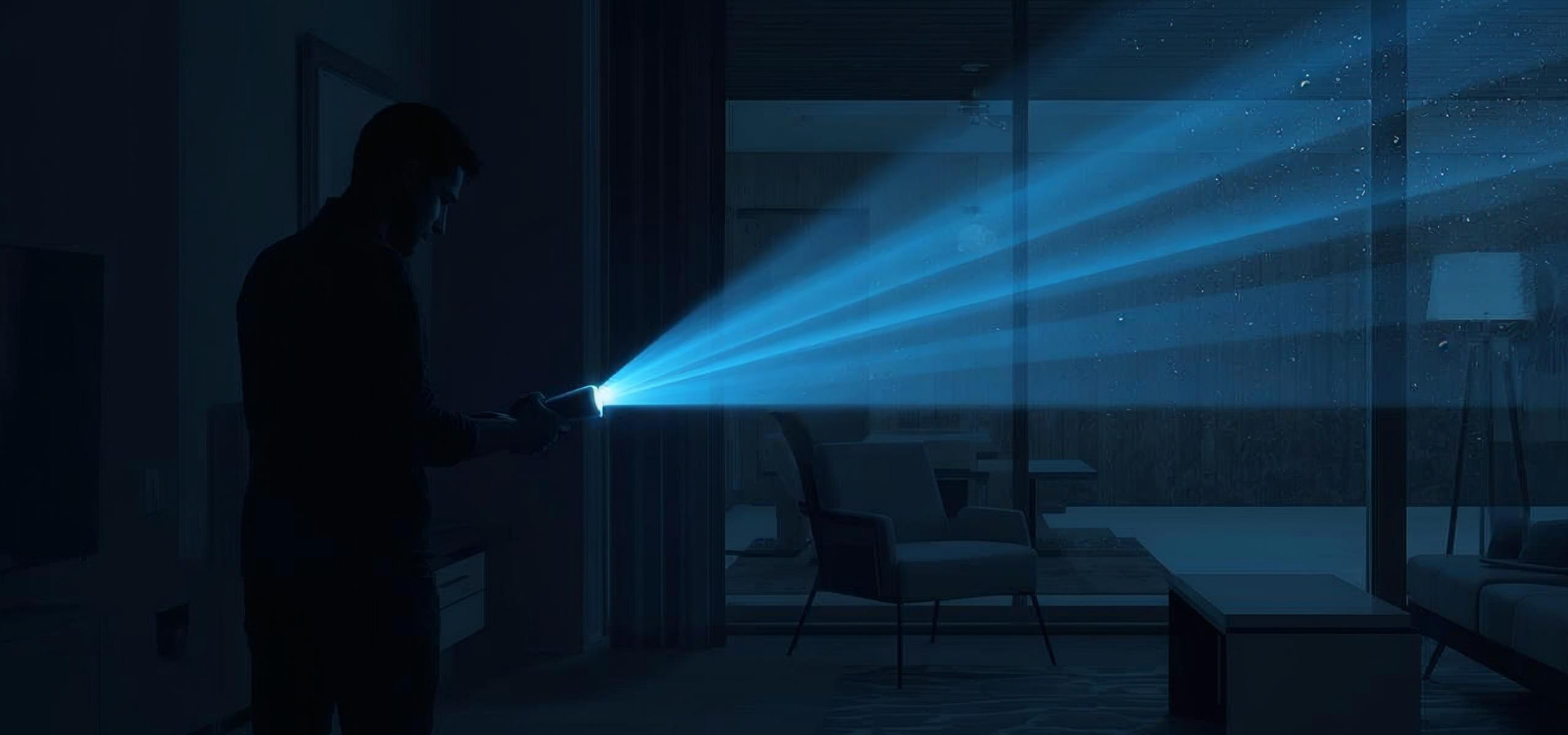 Person steht in einem dunklen Raum während eines Stromausfalls und leuchtet mit einer Taschenlampe, deren Strahl die Einrichtung erhellt.