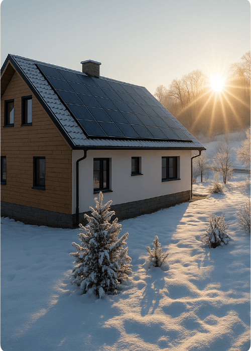 Einfamilienhaus mit Solaranlage auf dem Dach im verschneiten Winter, Sonnenstrahlen am Horizont.