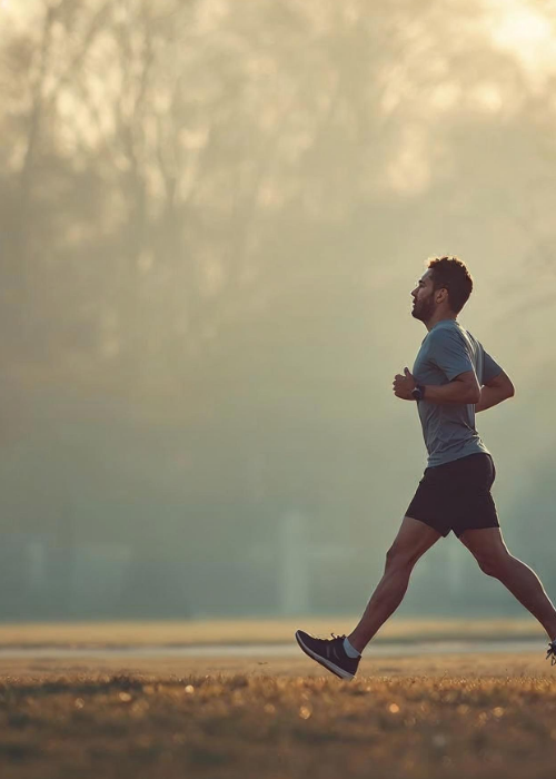 Mann joggt im Freien bei Sonnenaufgang durch einen Park, umgeben von leichter Morgenstimmung und Natur.