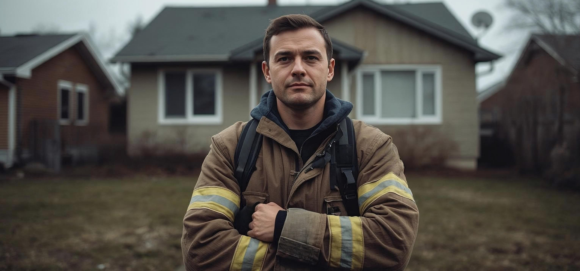 Feuerwehrmann in Einsatzkleidung steht mit verschränkten Armen vor einem Wohnhaus – Symbol für Brandschutz und Sicherheit bei Photovoltaikanlagen