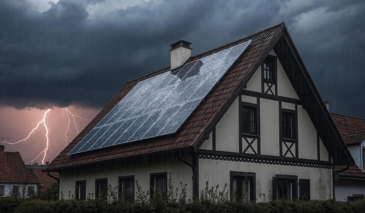 Wohnhaus mit Photovoltaikanlage auf dem Dach bei Gewitter – dunkle Wolken, Regen und ein Blitz im Hintergrund verdeutlichen das Risiko von Wetterschäden.