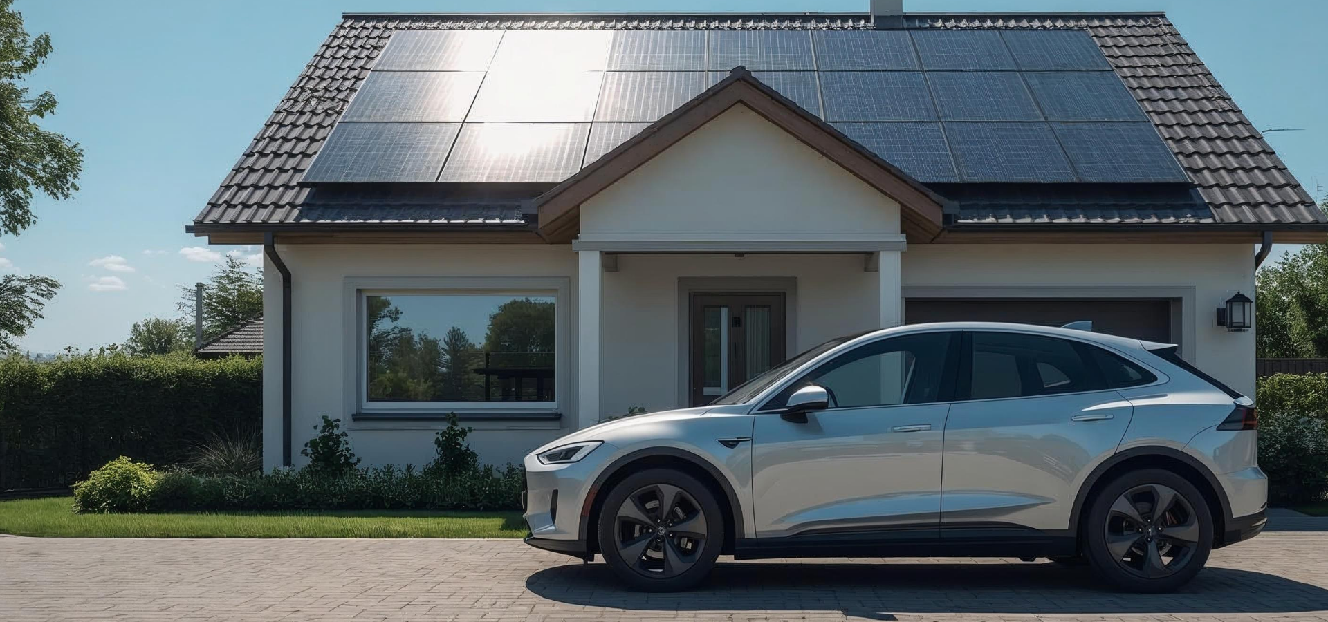 Modernes Einfamilienhaus mit Solaranlage auf dem Dach, davor steht ein geparktes Elektroauto in der Einfahrt.