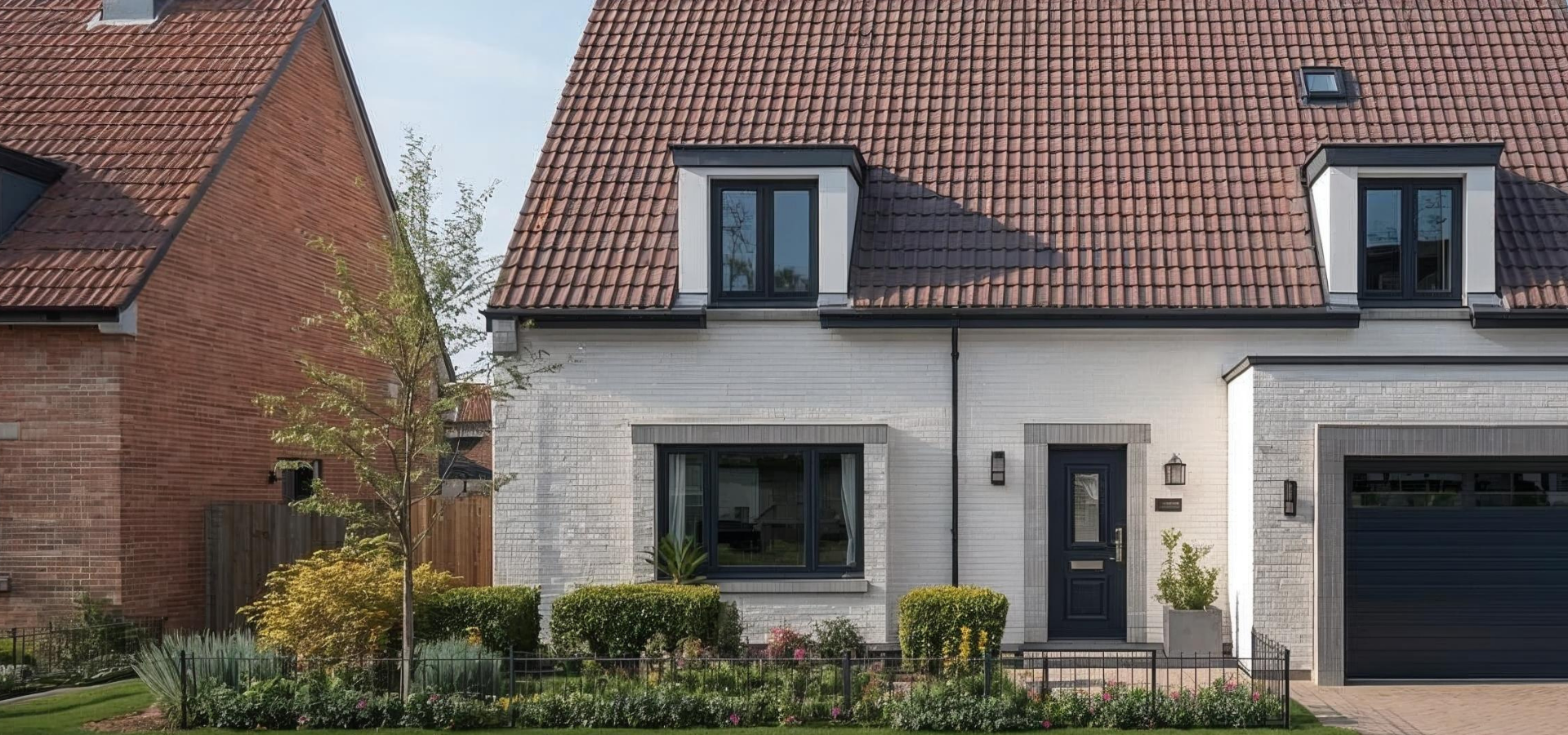 Modernes Einfamilienhaus mit rotem Ziegeldach, weiß gestrichener Fassade, dunklen Fensterrahmen und Garage. Vor dem Haus befindet sich ein gepflegter Vorgarten mit Sträuchern, Blumen und kleinem Baum