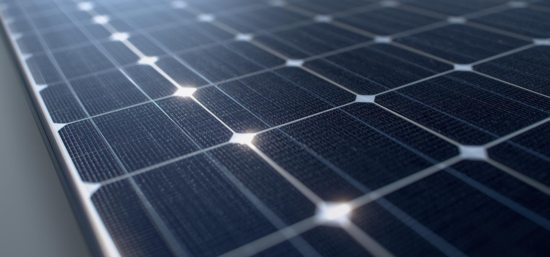 Nahaufnahme eines modernen Photovoltaikmoduls mit glänzenden Solarzellen, die Sonnenlicht reflektieren – Symbol für effiziente Energiegewinnung und hochwertige Solartechnik.