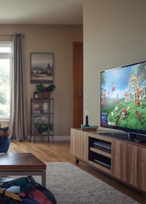 Moderne Wohnzimmerszene mit Fernseher und gemütlicher Atmosphäre – Symbol für smarten, energieeffizienten Stromverbrauch durch Photovoltaik und Stromspeicher.