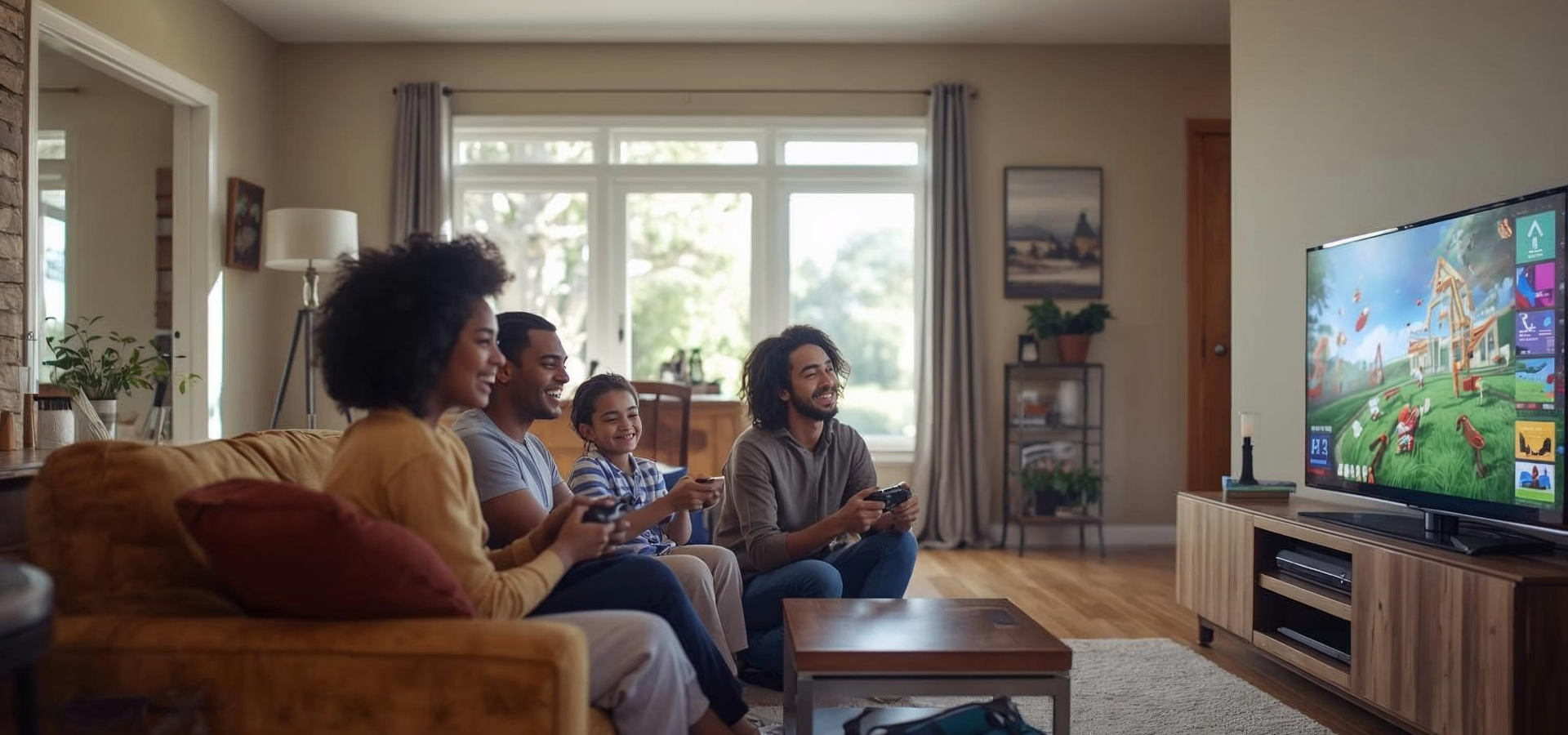 Familie sitzt gemeinsam im Wohnzimmer und spielt Videospiele auf dem Fernseher – gemütliche Atmosphäre mit nachhaltigem Stromverbrauch dank Photovoltaikanlage und Stromspeicher.