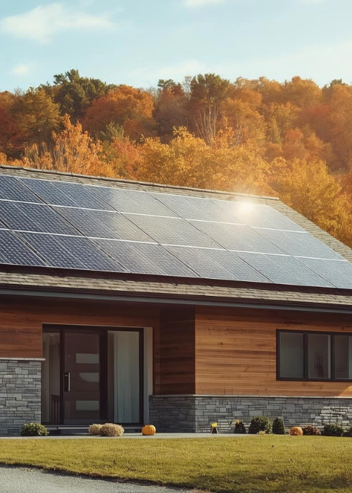 Modernes Einfamilienhaus mit Photovoltaikanlage auf dem Dach in herbstlicher Landschaft – nachhaltige Stromerzeugung durch Solarenergie im Eigenheim