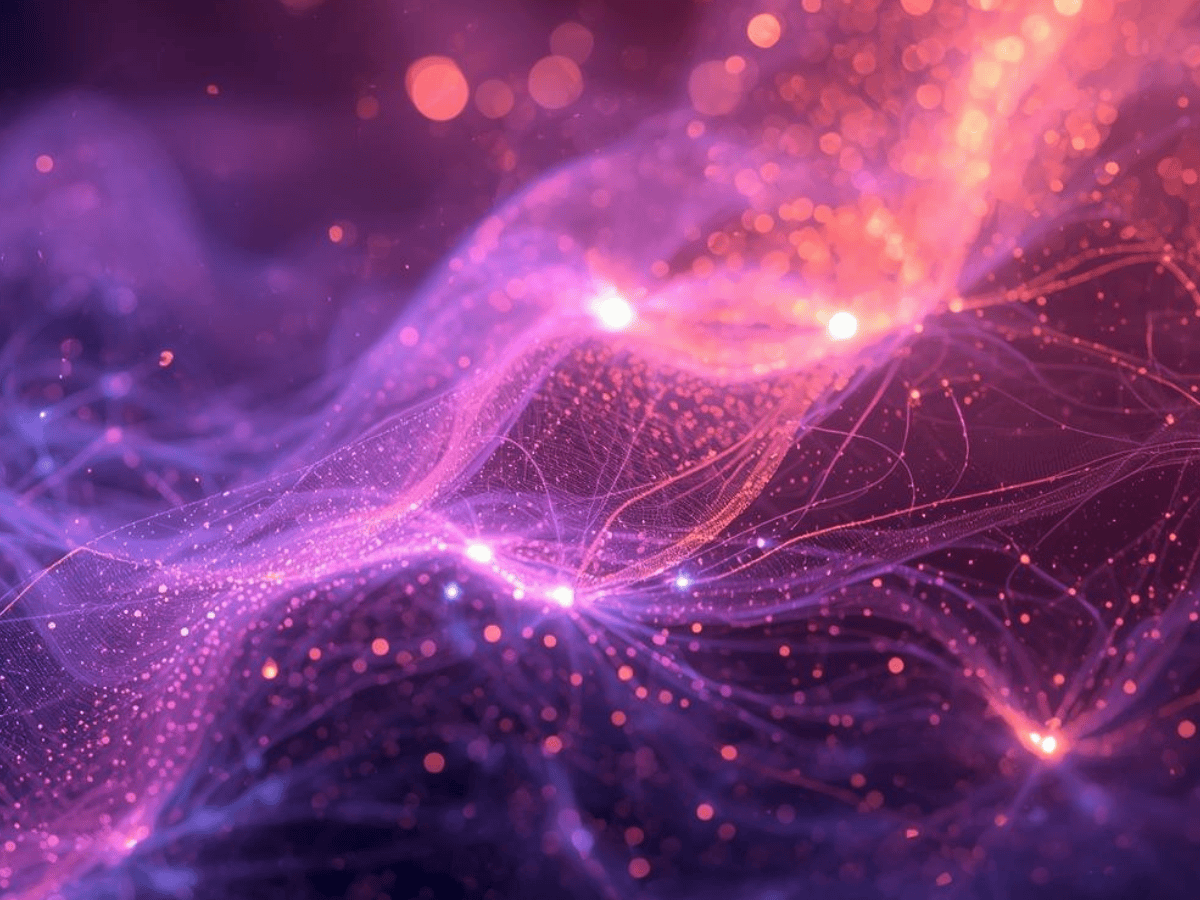 Abstrakte Darstellung von Infrarotstrahlung mit leuchtenden Energiepartikeln in violetten und orangefarbenen Wellen – Symbolbild für Wärme, Energiefluss und Strahlungstechnologie