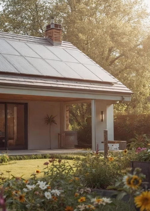 Modernes Wohnhaus mit vollintegrierter Solardachanlage, großer überdachter Terrasse und blühendem Garten, eingefangen im warmen Licht eines sonnigen Spätnachmittags – Symbol für nachhaltiges Bauen und energieeffizientes Wohnen.