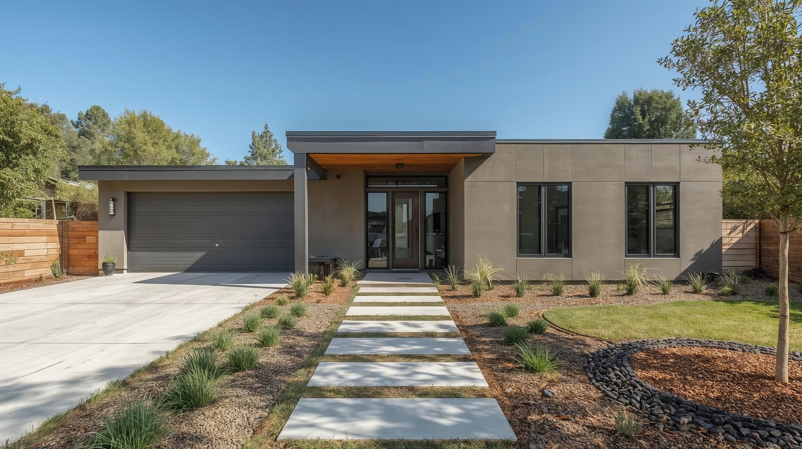 Modernes, ebenerdiges Einfamilienhaus mit Flachdach, grauer Fassade, großer Garage und minimalistisch gestalteter Gartenanlage