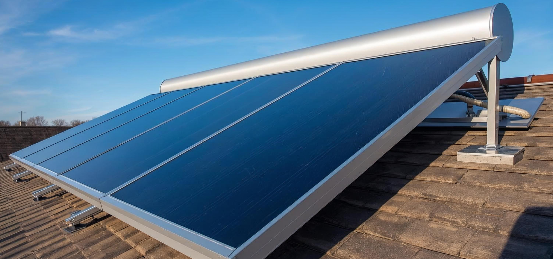 Großflächige Solarthermie-Kollektoren mit integriertem Warmwasserspeicher auf einem geneigten Hausdach, aufgenommen bei klarem, sonnigem Wetter