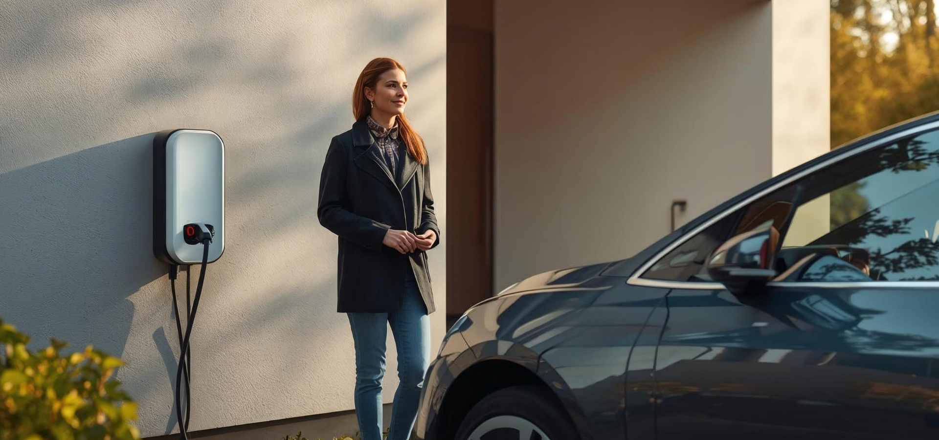 Elektroauto vor Einfamilienhaus mit Wallbox an der Außenwand