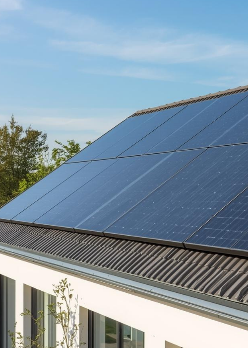 Moderne Photovoltaikanlage auf einem Hausdach mit leistungsstarken Solarmodulen zur Stromerzeugung