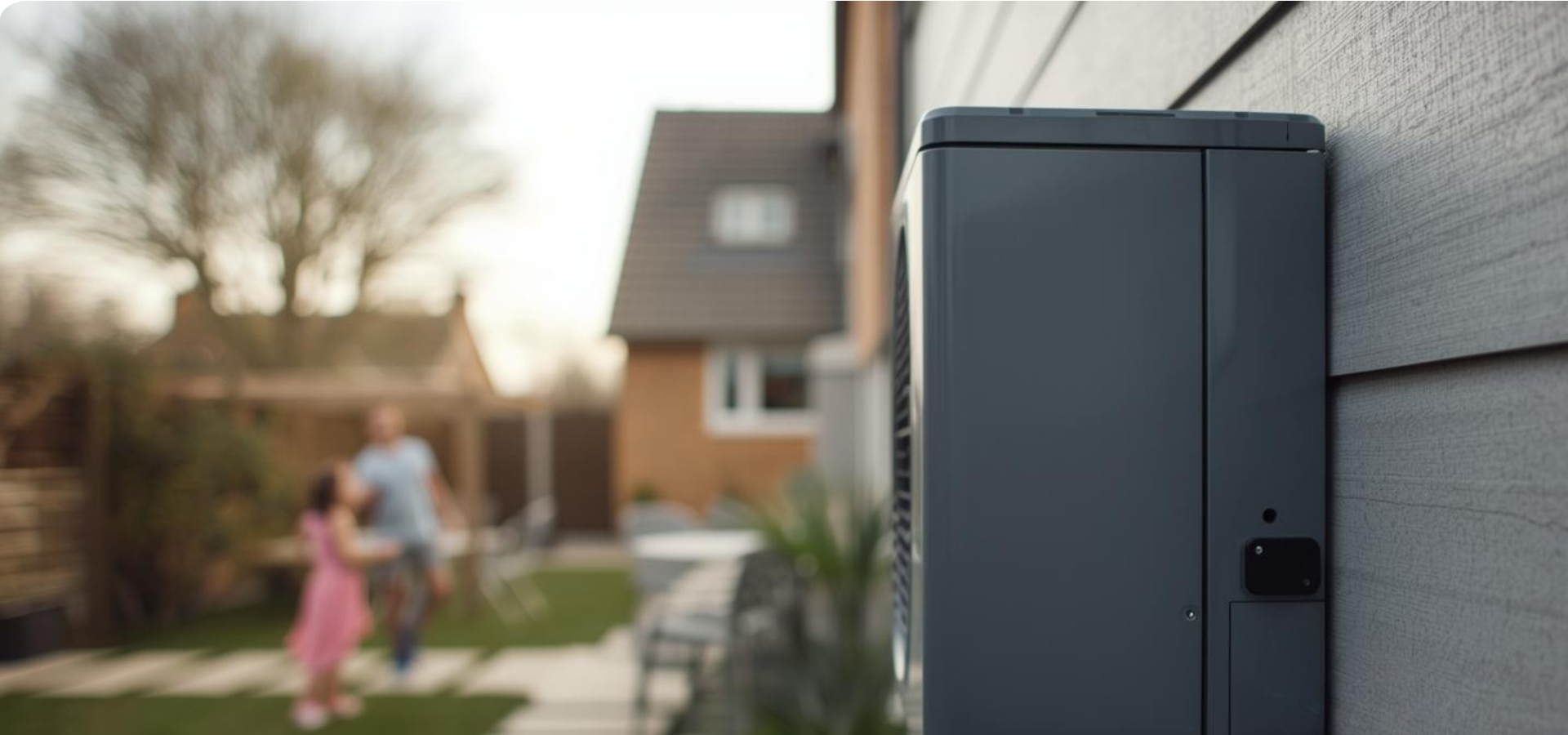 Moderne Wärmepumpe am Wohnhaus mit Familie im Garten – energieeffizient heizen