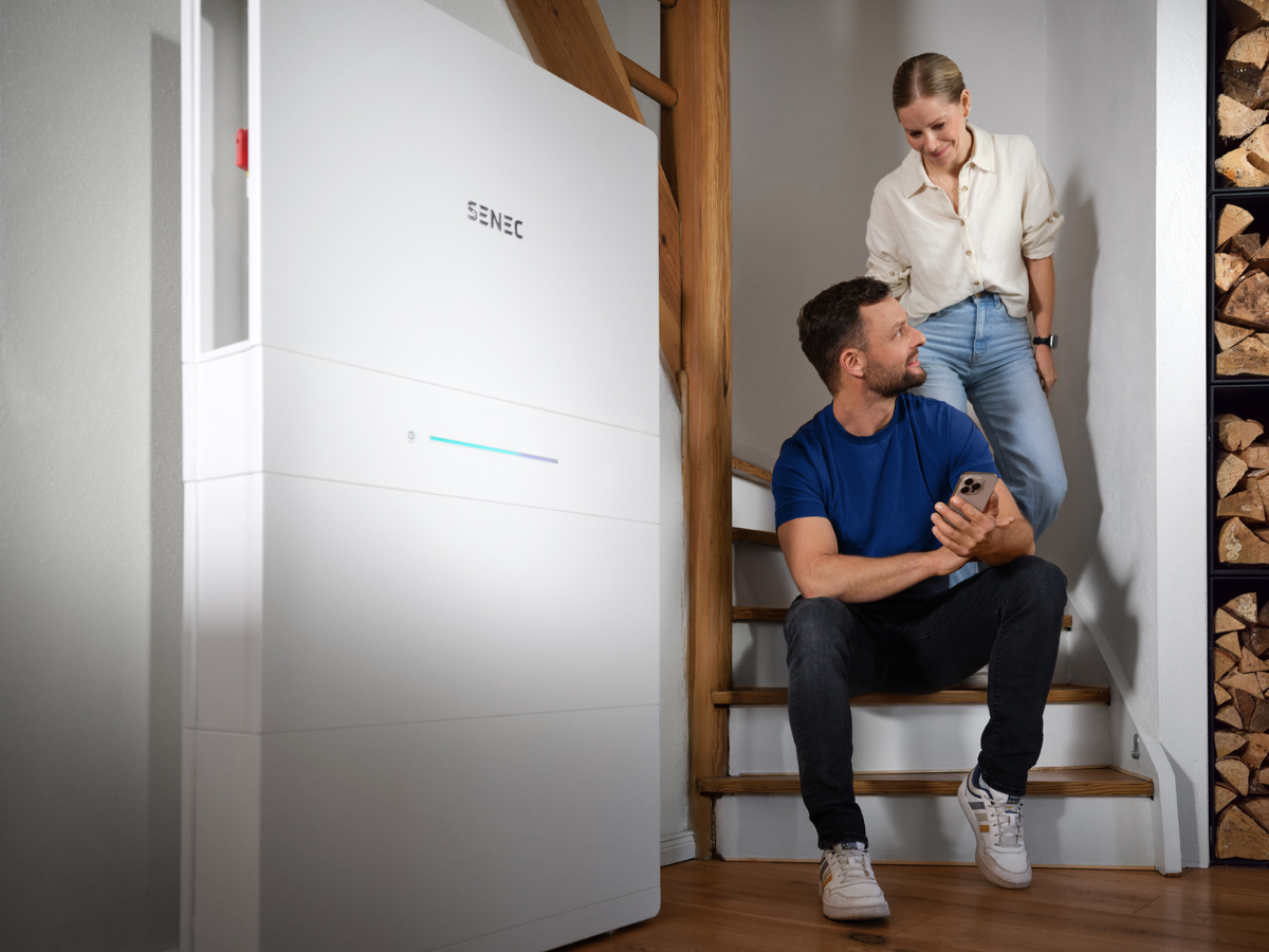 n Mann sitzt auf einer Holztreppe und schaut auf sein Smartphone, während eine Frau neben ihm steht und ihn anlächelt. Im Vordergrund befindet sich ein weißer SENEC Stromspeicher in einem Wohnraum.