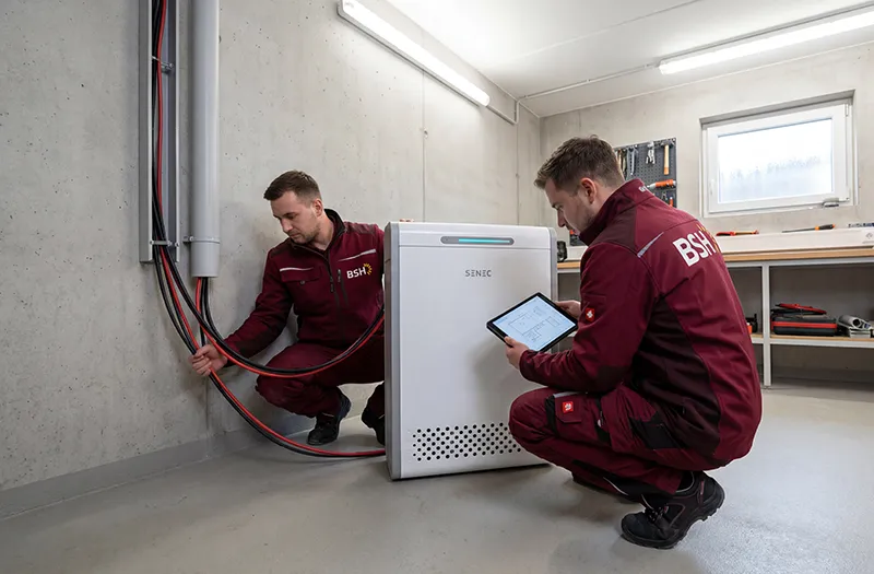 Das Bild zeigt zwei BSH Mitarbeiter bei der fachgerechten Installation eines Stromspeichers im Innenbereich. Das Motiv eignet sich für Inhalte rund um Service, Montage und die technische Umsetzung von PV-, Speicher- und Energielösungen.