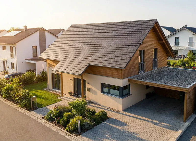 Modernes Einfamilienhaus mit gut ausgerichteter Dachfläche und idealen Voraussetzungen für die Installation einer Photovoltaikanlage.