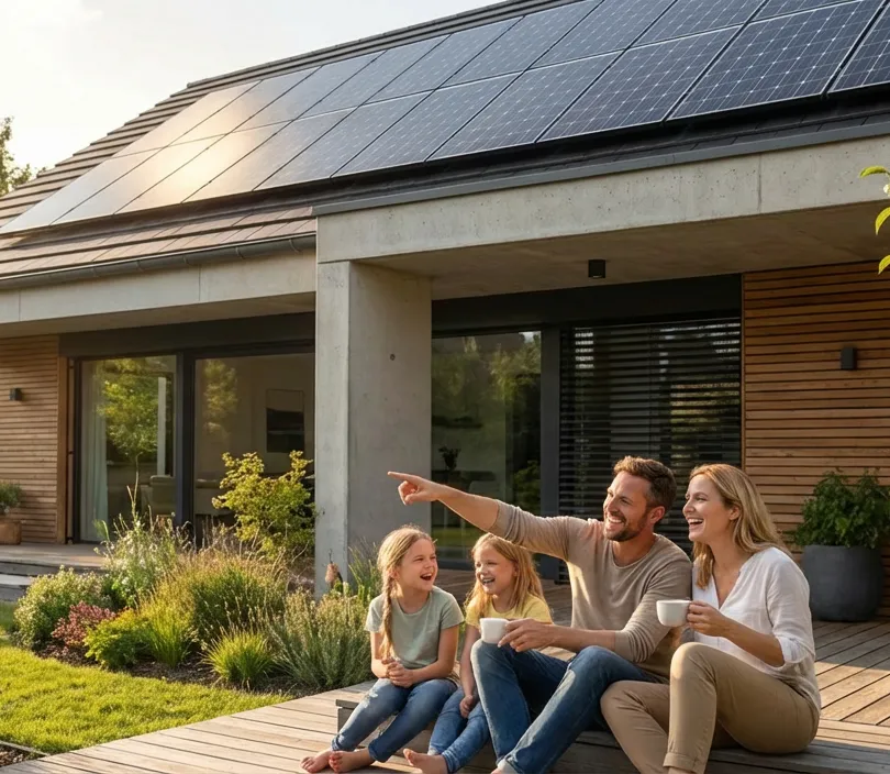 Das Bild zeigt eine Familie vor einem modernen Wohnhaus mit installierter Photovoltaikanlage. Das Motiv eignet sich für Inhalte rund um Anschaffung, langfristigen Nutzen, Stromkosteneinsparung und die Wirtschaftlichkeit monokristalliner Solarmodule.