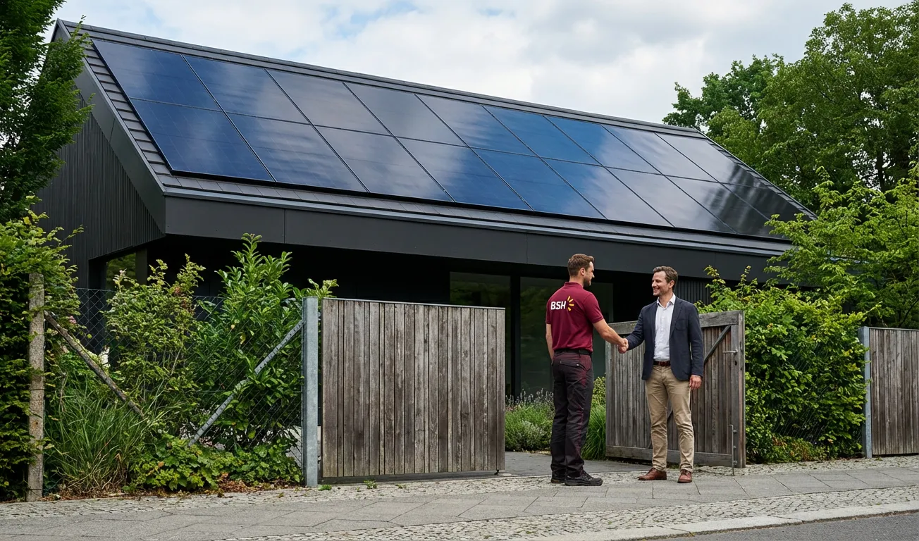 Beratung vor einem Einfamilienhaus mit Solaranlage – Bild zur Finanzierung und Wirtschaftlichkeit einer Photovoltaikanlage.