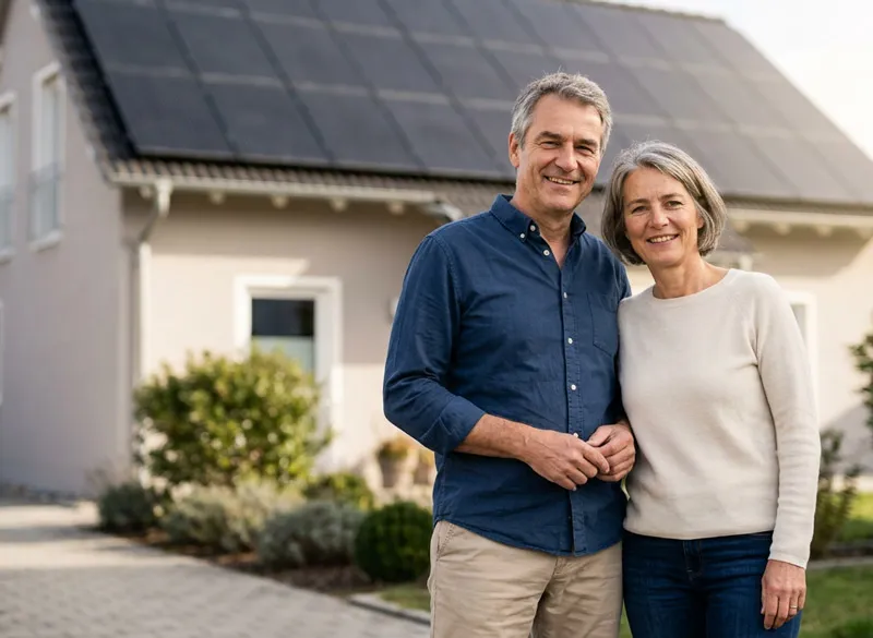 Paar steht vor Einfamilienhaus mit Photovoltaikmodulen auf dem Dach