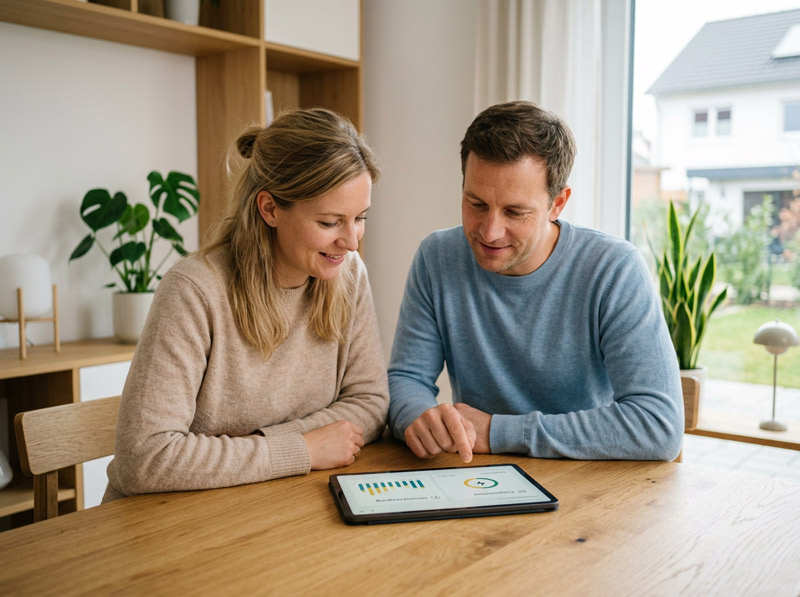 Paar am Esstisch betrachtet auf einem Tablet die Erträge und Ersparnisse ihrer Solaranlage