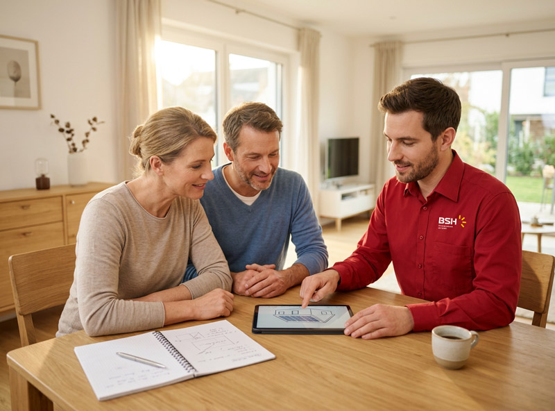 BSH Energie Berater im roten Hemd zeigt einem Paar am Esstisch eine PV-Anlagenplanung auf dem Tablet