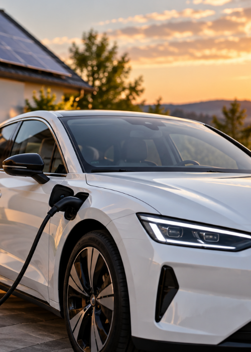 Weißes E-Auto vor einer Garage im Ladezustand durch Wallbox