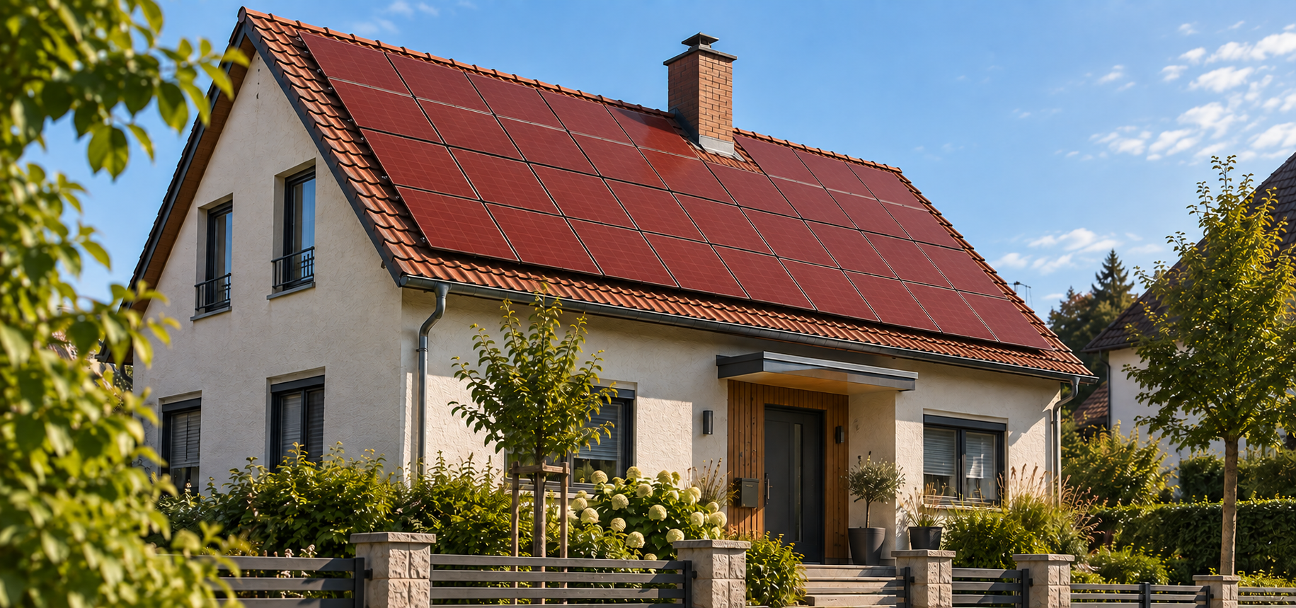 Einfamilienhaus mit roten Solarmodulen