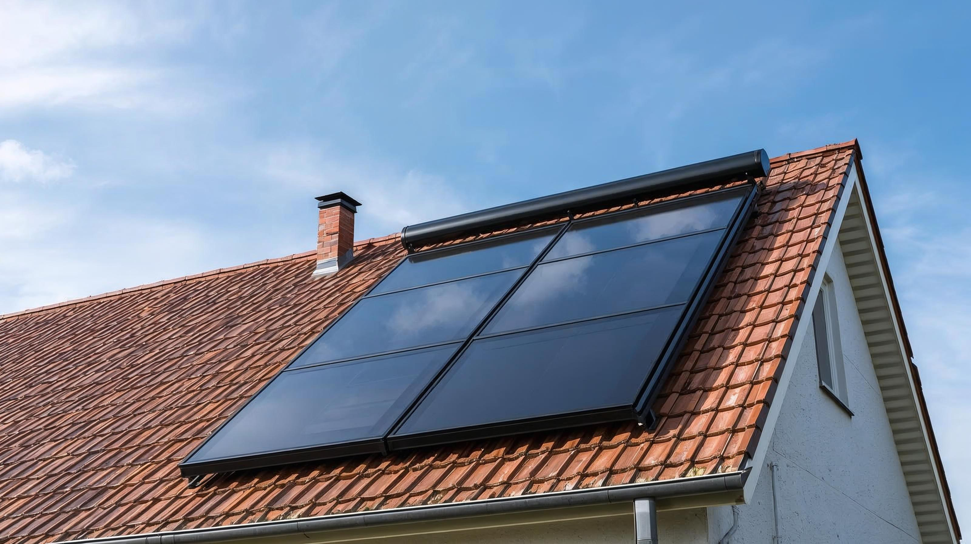 Zwei schwarze Solarthermie-Kollektoren mit darüber liegendem Warmwasserspeicher auf einem geneigten Ziegeldach.