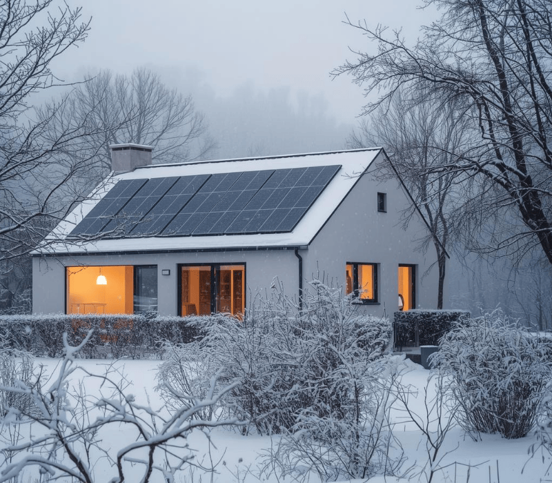 Einfamilienhaus in Winterlandschaft mit Solaranlage, innen beleuchtet