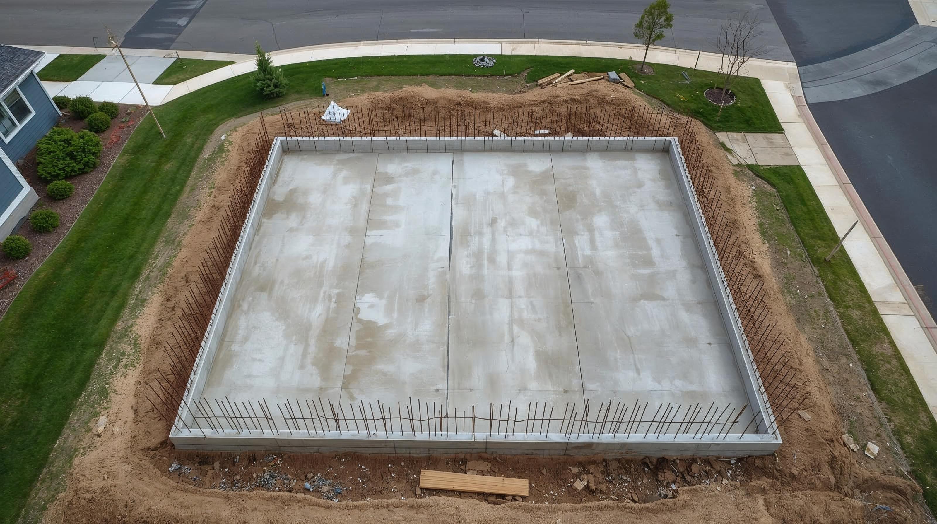 Frisch gegossene Betonfundamentplatte mit Stahlbewehrung auf einer Baustelle, umgeben von Erdreich und Rasenflächen – Vorbereitung für den weiteren Aufbau eines Gebäudes 