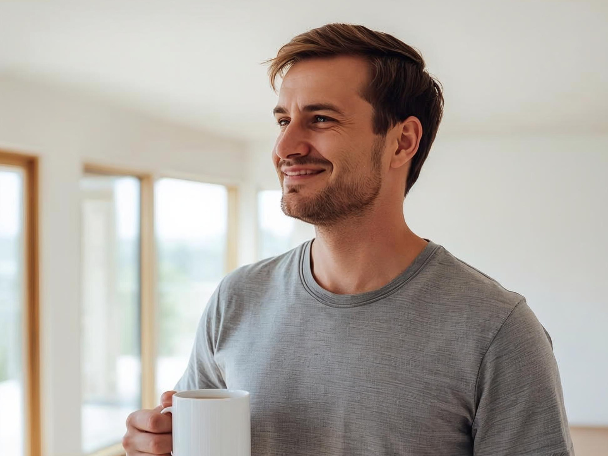 Mann steht in einem hellen Raum mit einer Kaffeetasse in der Hand und blickt lächelnd aus dem Fenster – entspannte Atmosphäre bei Tageslicht