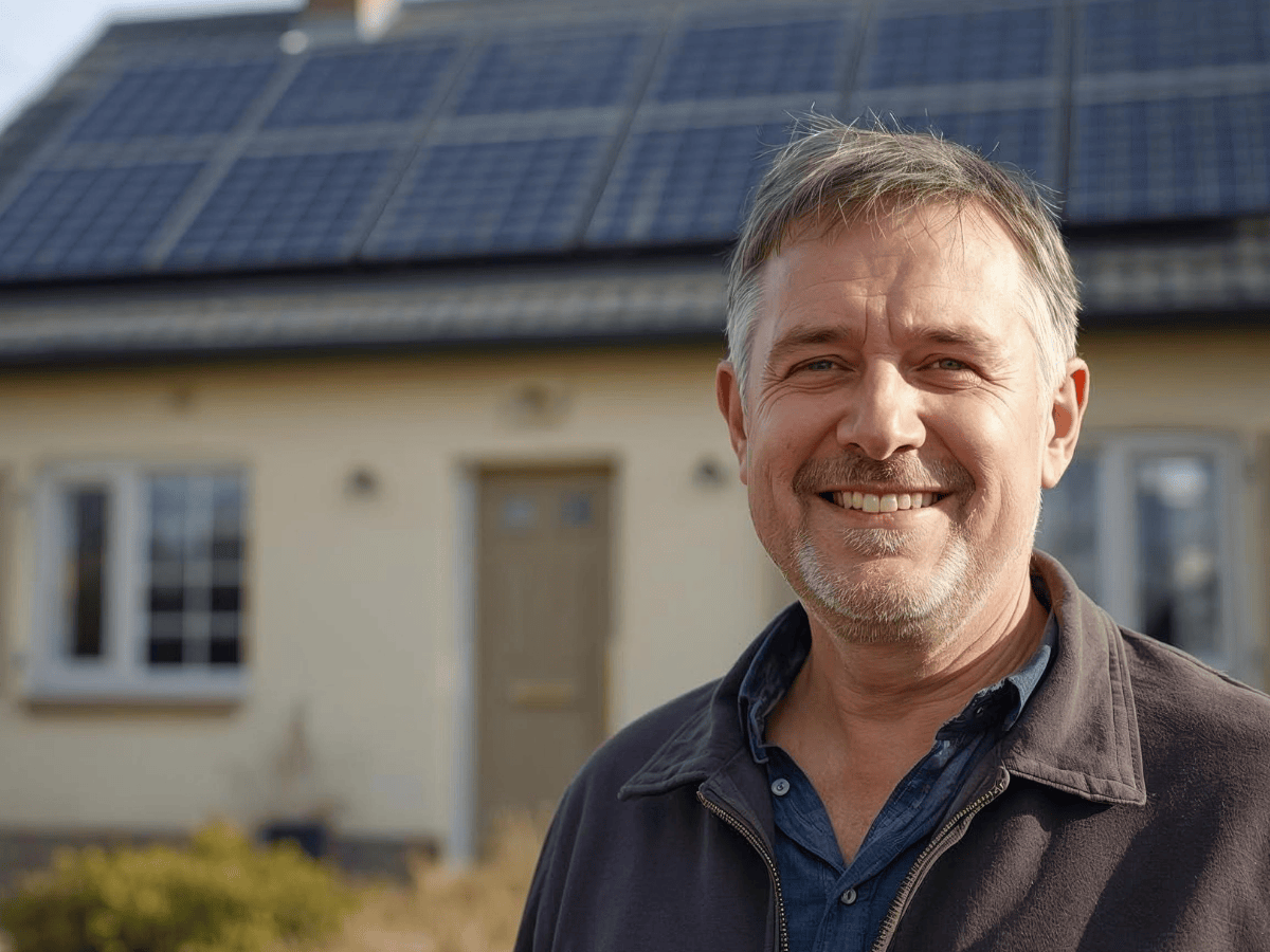 Ein lächelnder Mann steht vor einem Einfamilienhaus mit einer Photovoltaikanlage auf dem Dach. Das sonnige Wetter unterstreicht die freundliche Atmosphäre.